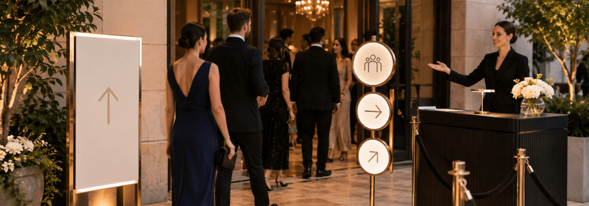 Invités accueillis à l’entrée d’un événement avec signalétique élégante et hôtesse orientant le parcours